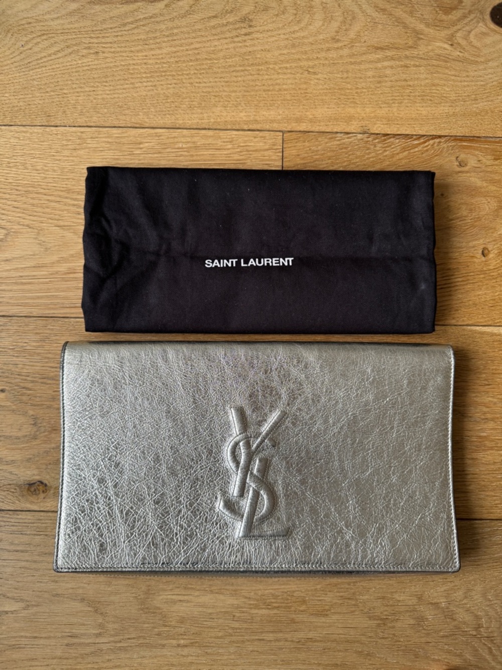 Saint Laurent Metallic Silver Embossed YSL Clutch
